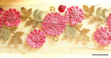 Black Net Lace Trim With Pink Satin Flowers And Sequin Work 12.5 cm wide Decorative Trim Crafting Lace Indian Floral Embroidery